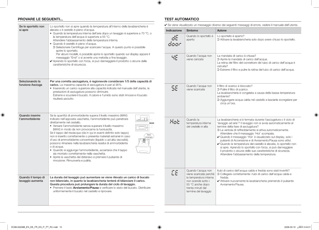 Samsung WF806U4SAGD/AH, WF9844GWE1/XEG, WF9700N5W/YAH manual Provare LE Seguenti, Test Automatico, Indicazione Sintomo Azione 