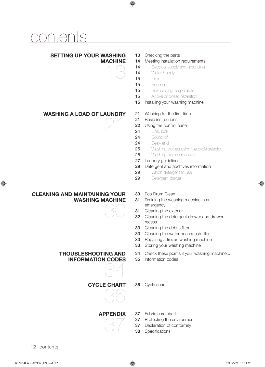 Samsung WF9854LWN1/YL manual Contents 