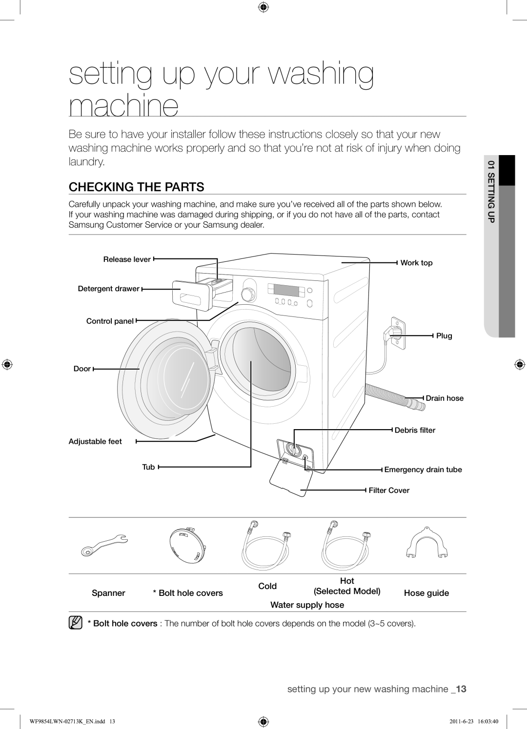 Samsung WF9854LWN1/YL manual Setting up your washing machine, Checking the Parts 