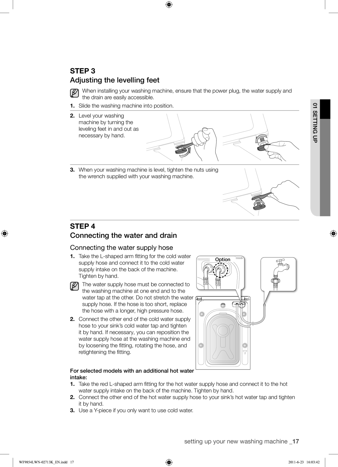 Samsung WF9854LWN1/YL manual Adjusting the levelling feet, Connecting the water and drain 