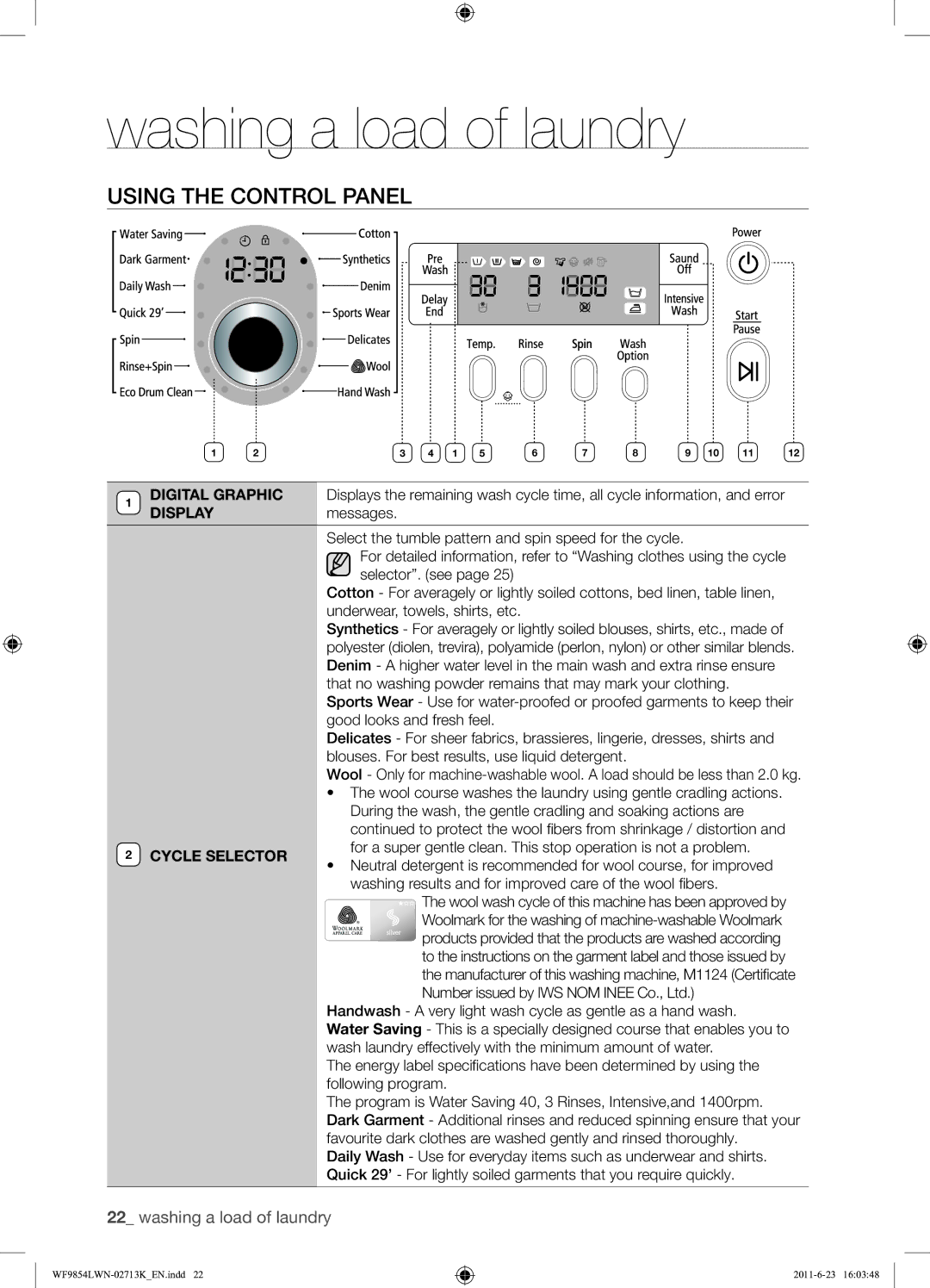 Samsung WF9854LWN1/YL manual Using the Control Panel 