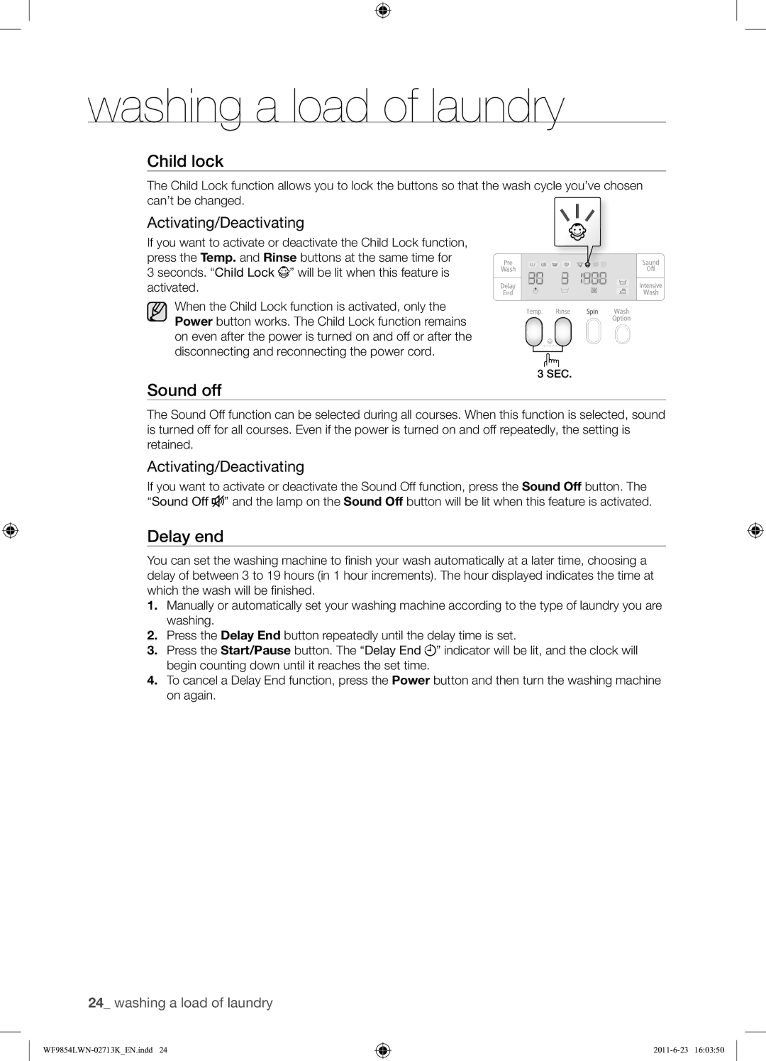 Samsung WF9854LWN1/YL manual Sound off, Activating/Deactivating 