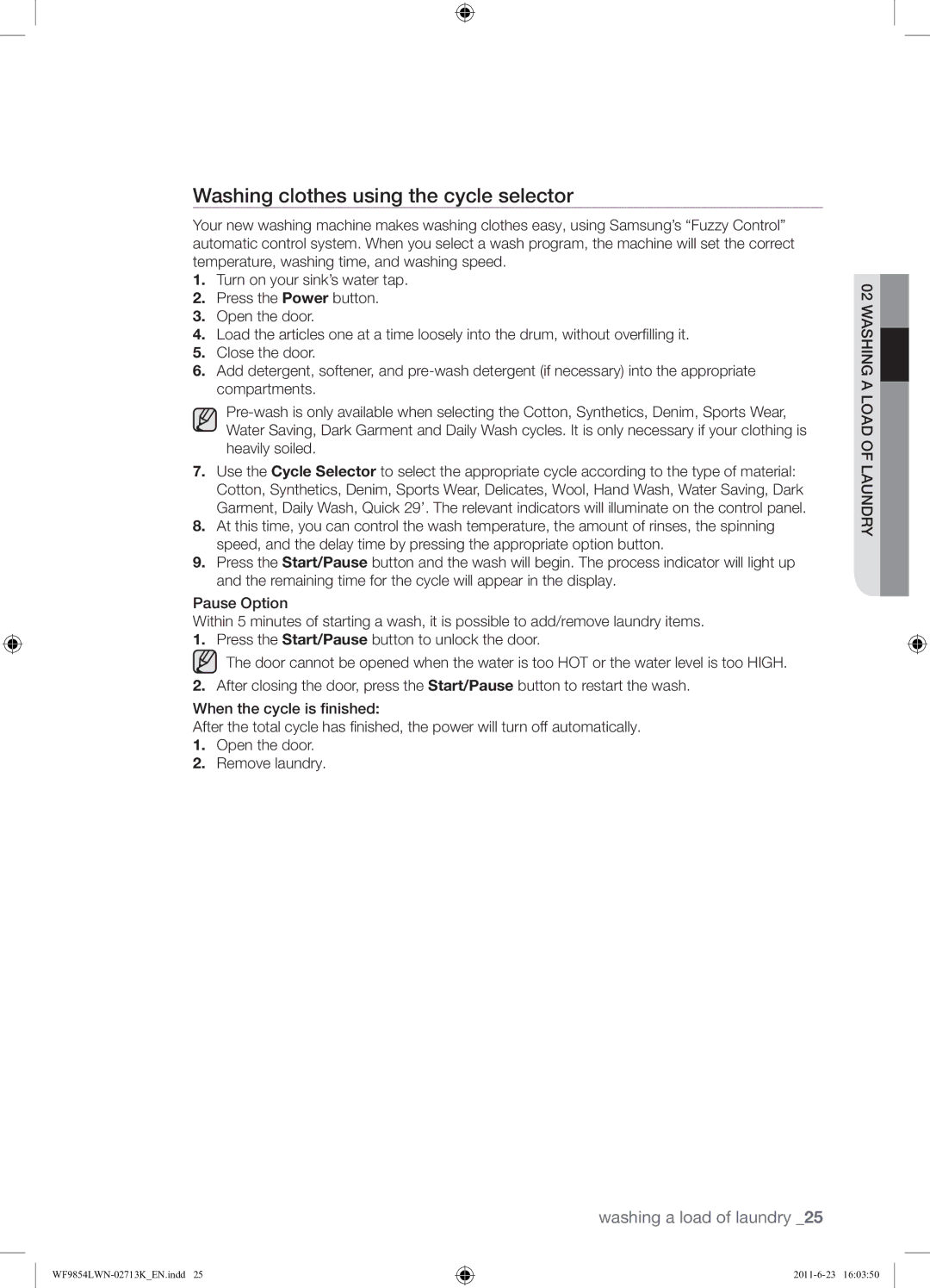 Samsung WF9854LWN1/YL manual Washing clothes using the cycle selector 