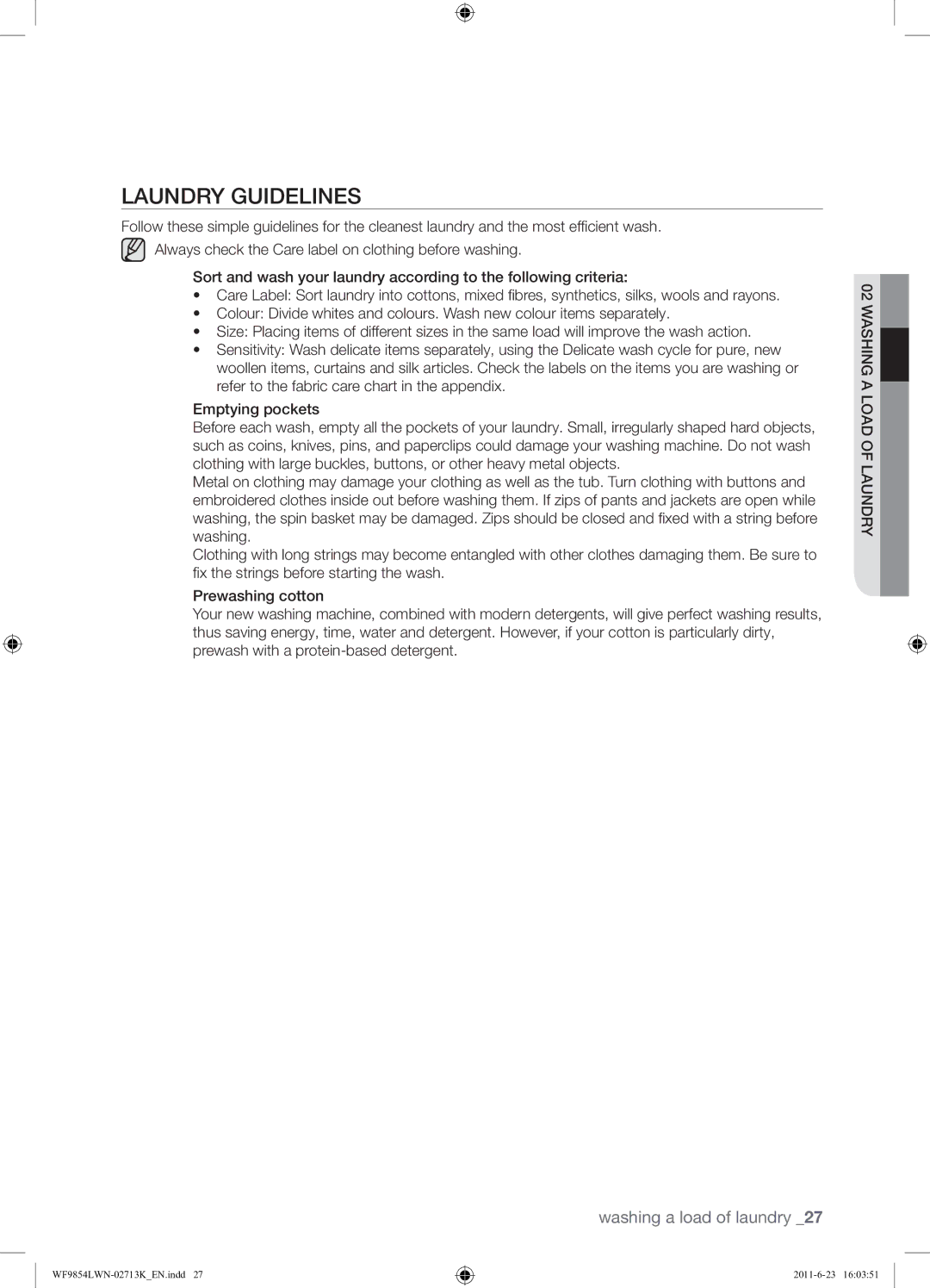 Samsung WF9854LWN1/YL manual Laundry Guidelines 