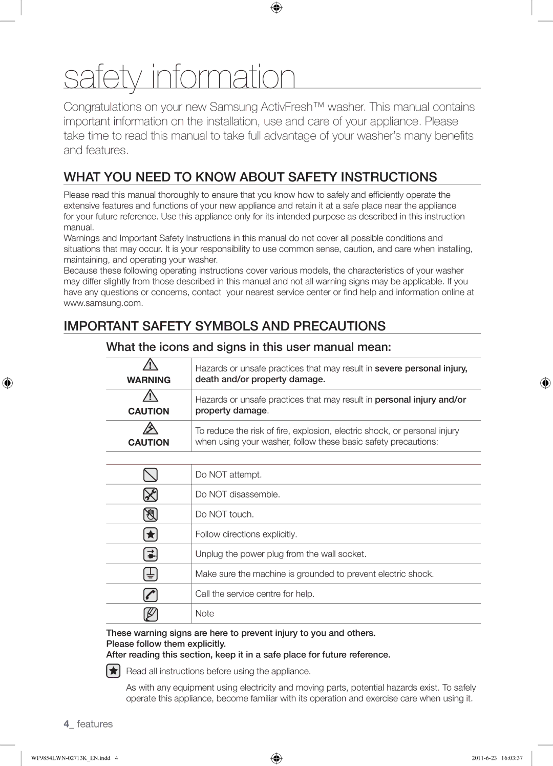 Samsung WF9854LWN1/YL manual Safety information 