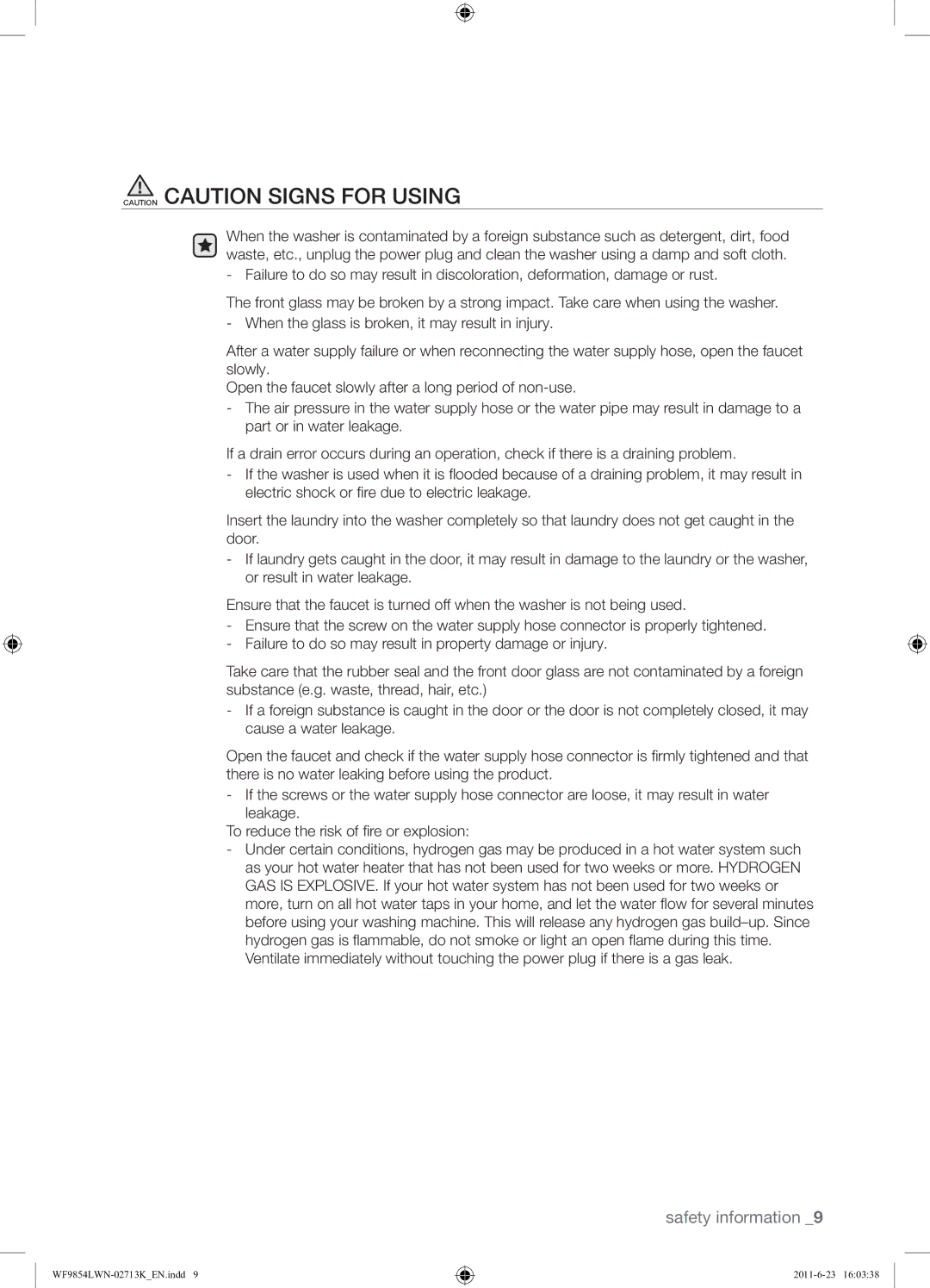 Samsung WF9854LWN1/YL manual Safety information 