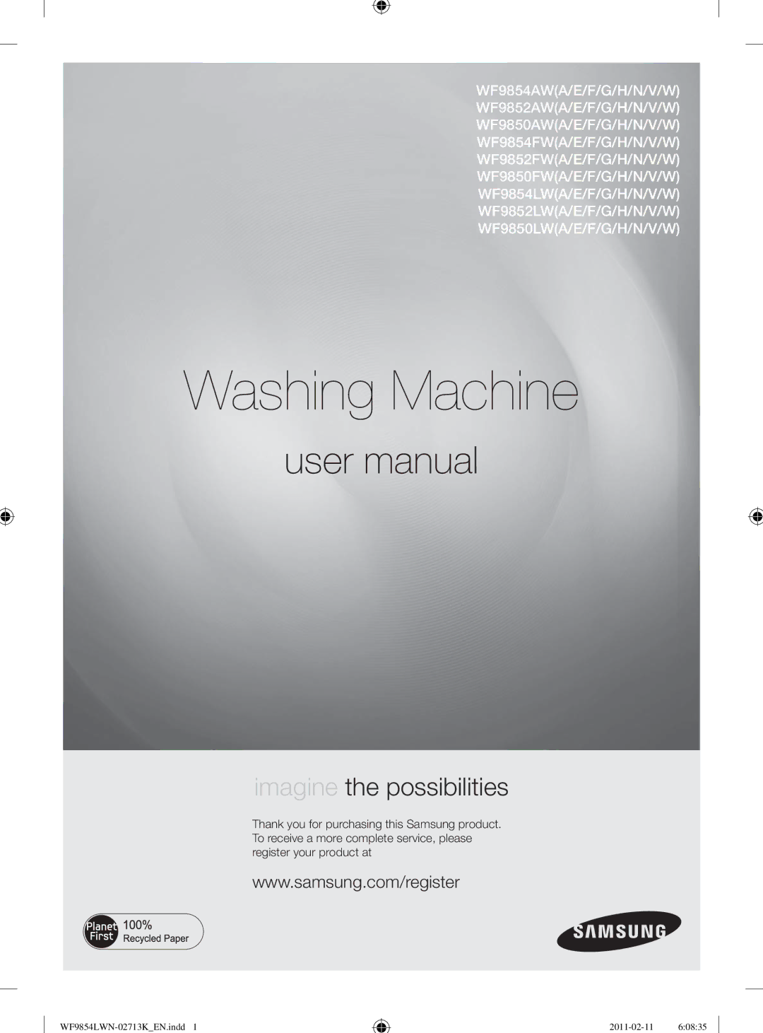 Samsung WF9854LWN/YL manual Washing Machine 