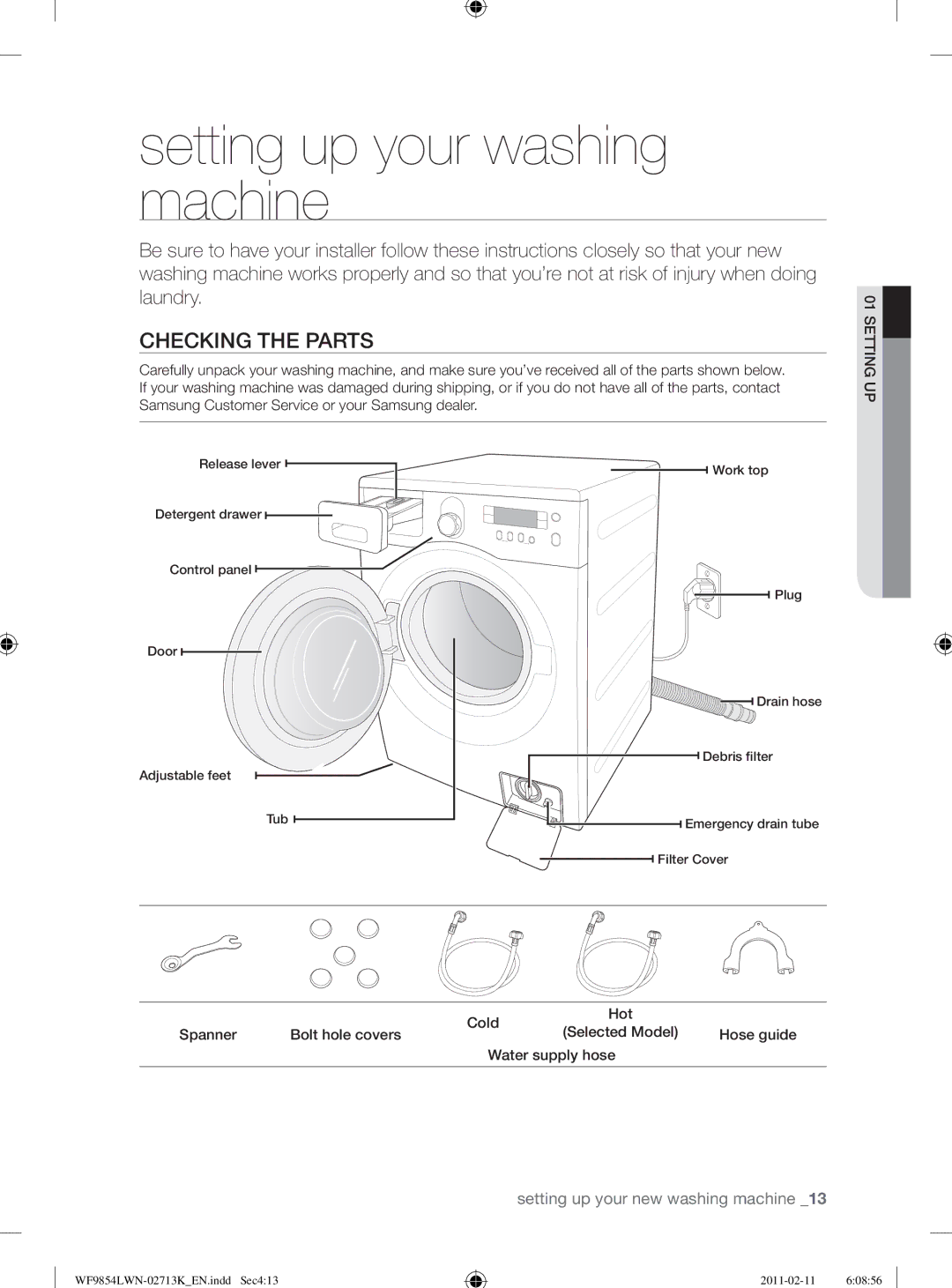 Samsung WF9854LWN/YL Setting up your washing machine, Checking the Parts, Cold Hot Spanner Bolt hole covers, Hose guide 