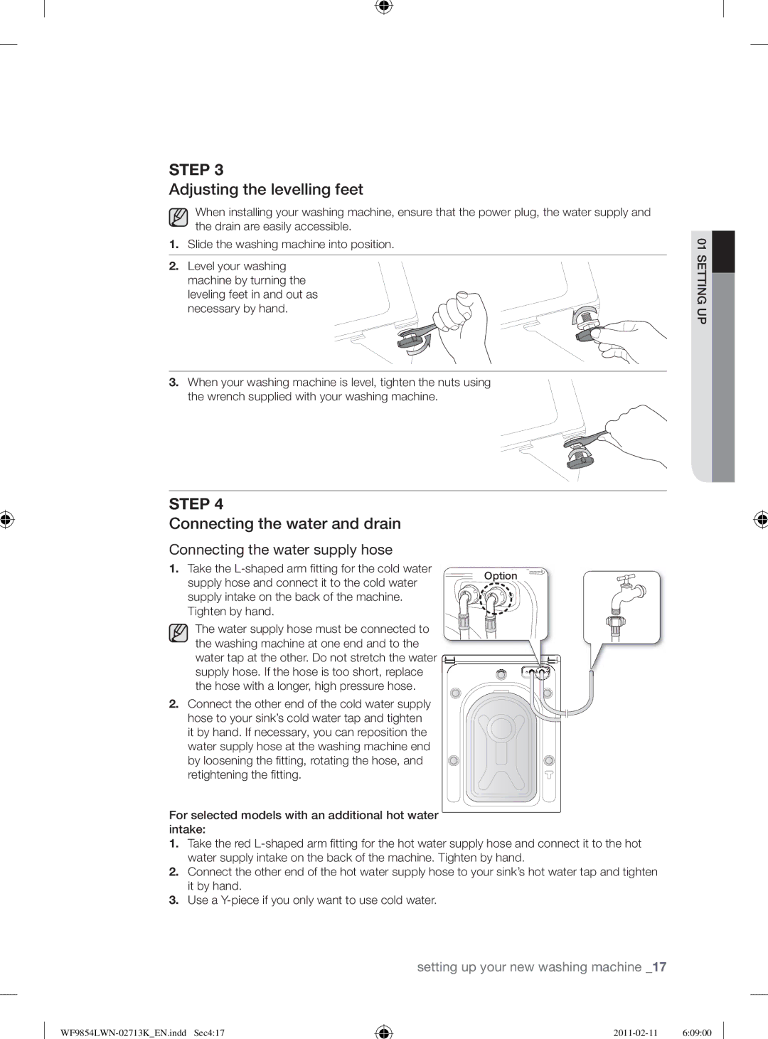 Samsung WF9854LWN/YL manual Adjusting the levelling feet, Connecting the water and drain 