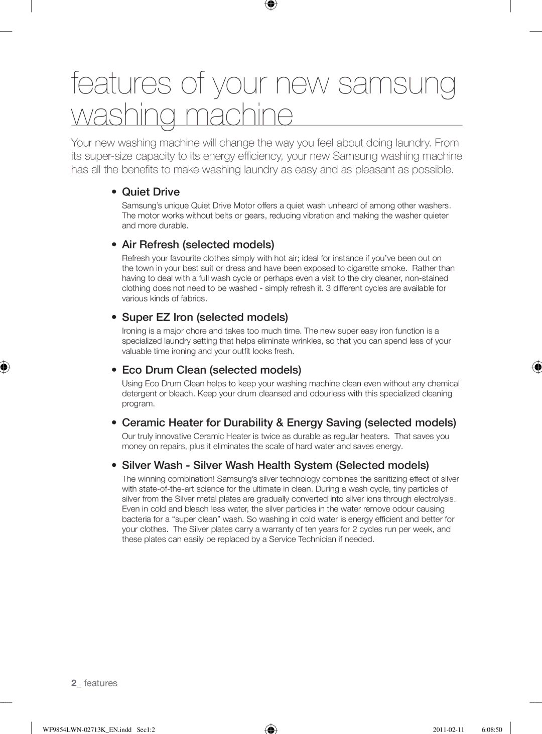 Samsung WF9854LWN/YL manual Features of your new samsung washing machine 