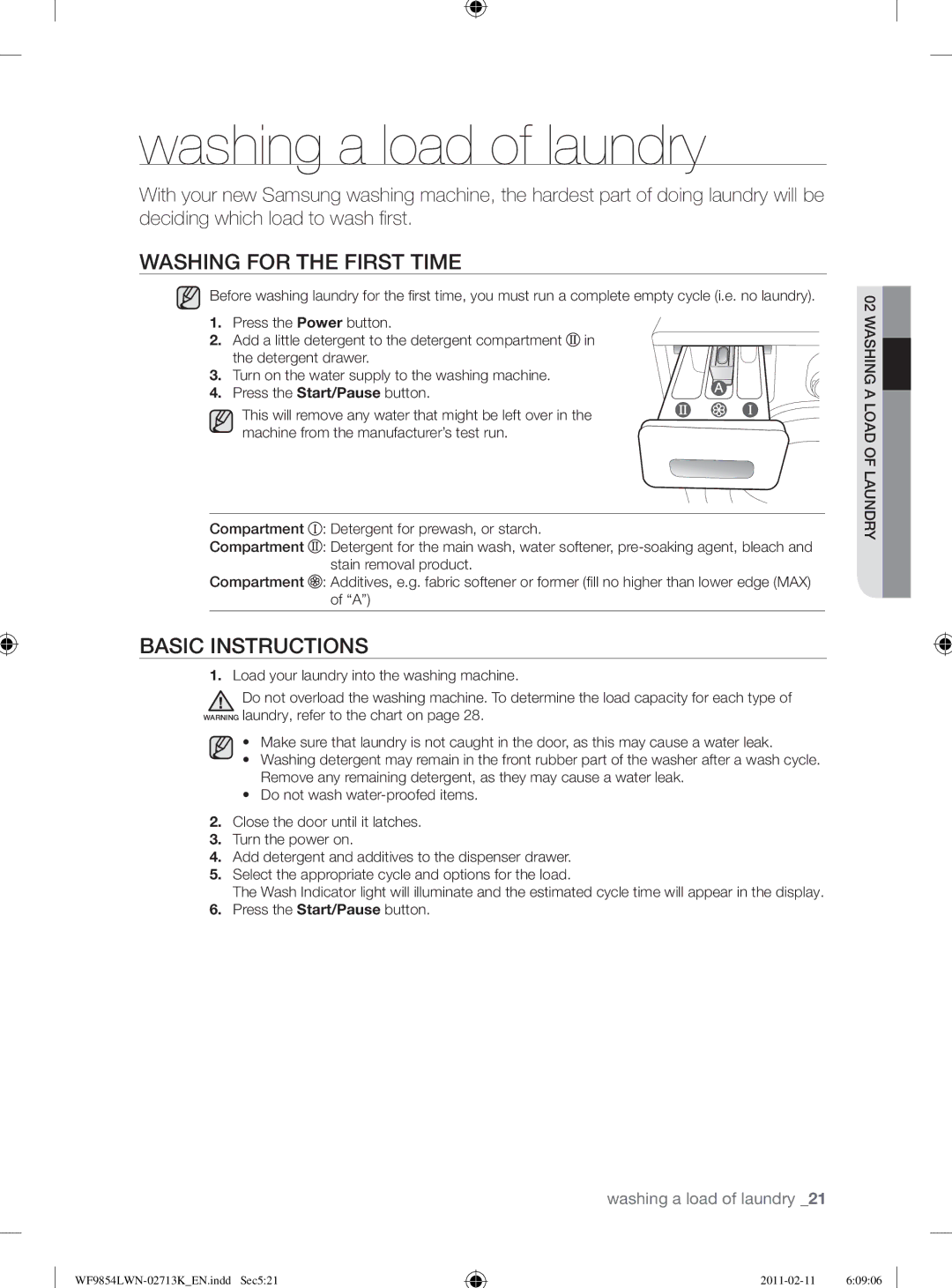 Samsung WF9854LWN/YL manual Washing a load of laundry, Washing for the First Time, Basic Instructions 