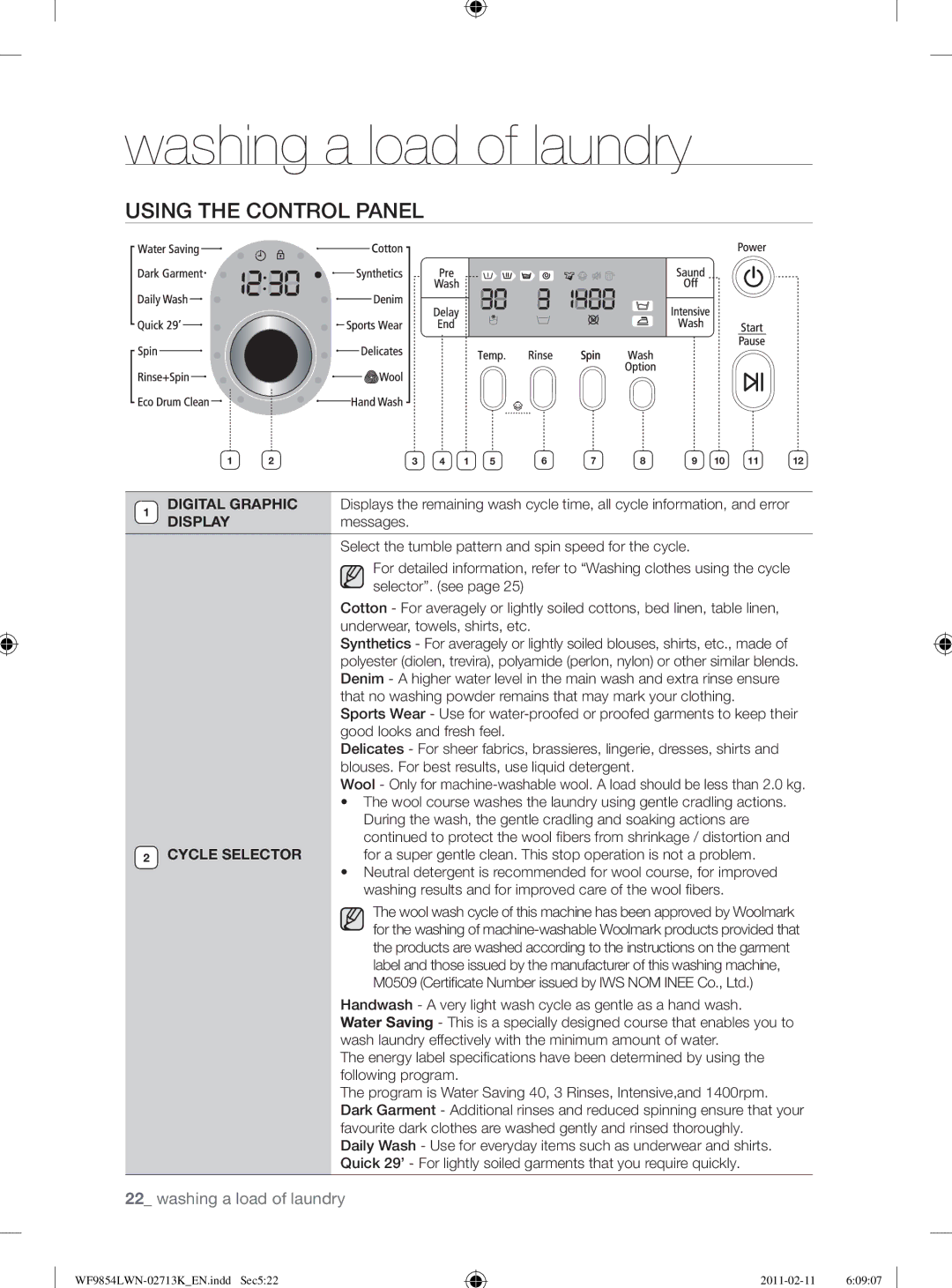 Samsung WF9854LWN/YL manual Using the Control Panel, Handwash a very light wash cycle as gentle as a hand wash 