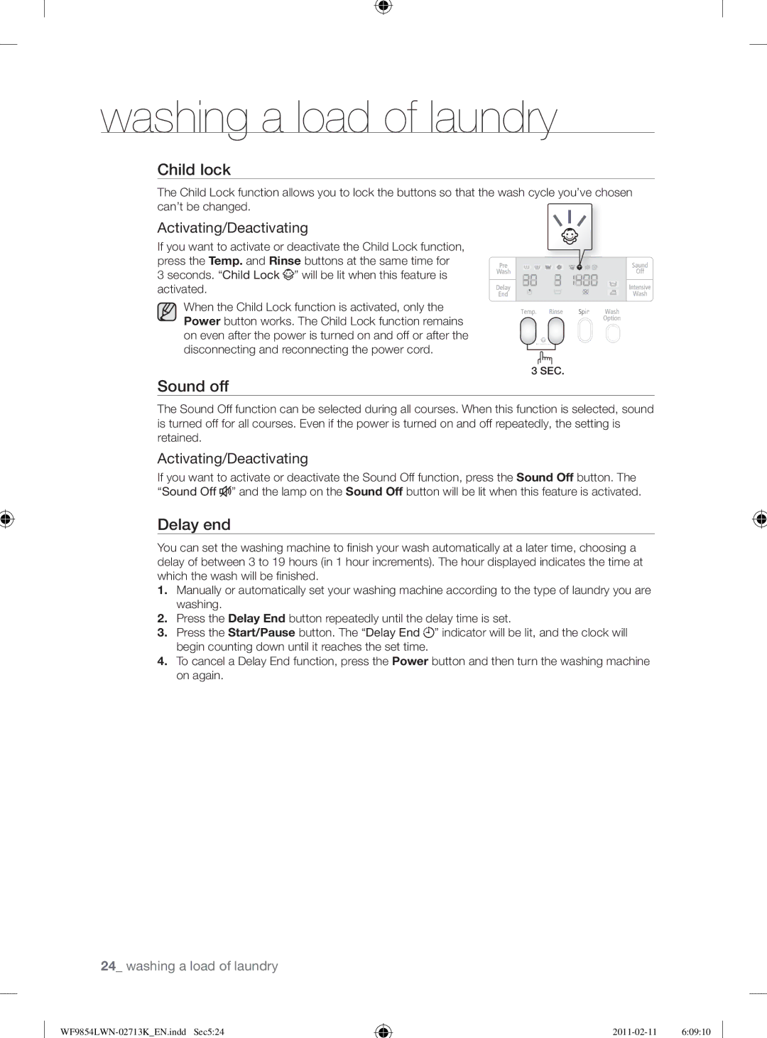 Samsung WF9854LWN/YL manual Sound off, Activating/Deactivating 