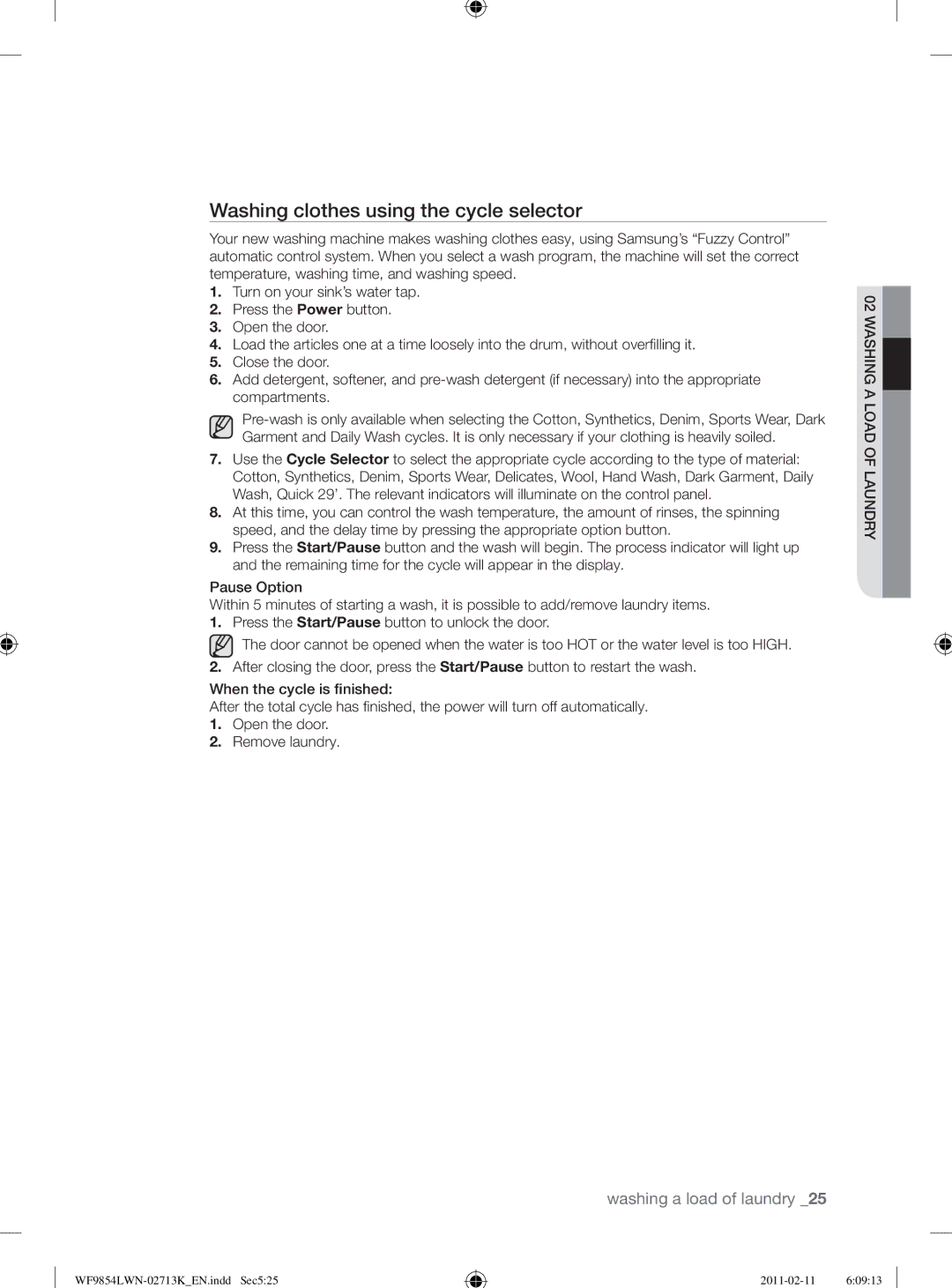 Samsung WF9854LWN/YL manual Washing clothes using the cycle selector 