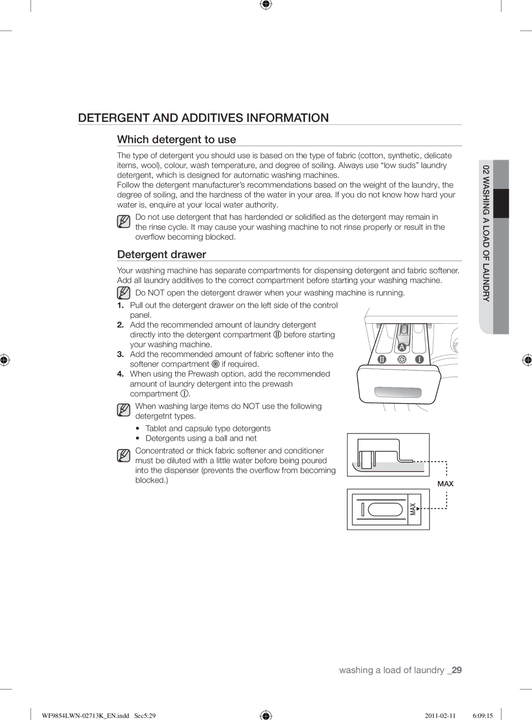 Samsung WF9854LWN/YL manual Detergent and Additives Information, Which detergent to use, Detergent drawer 