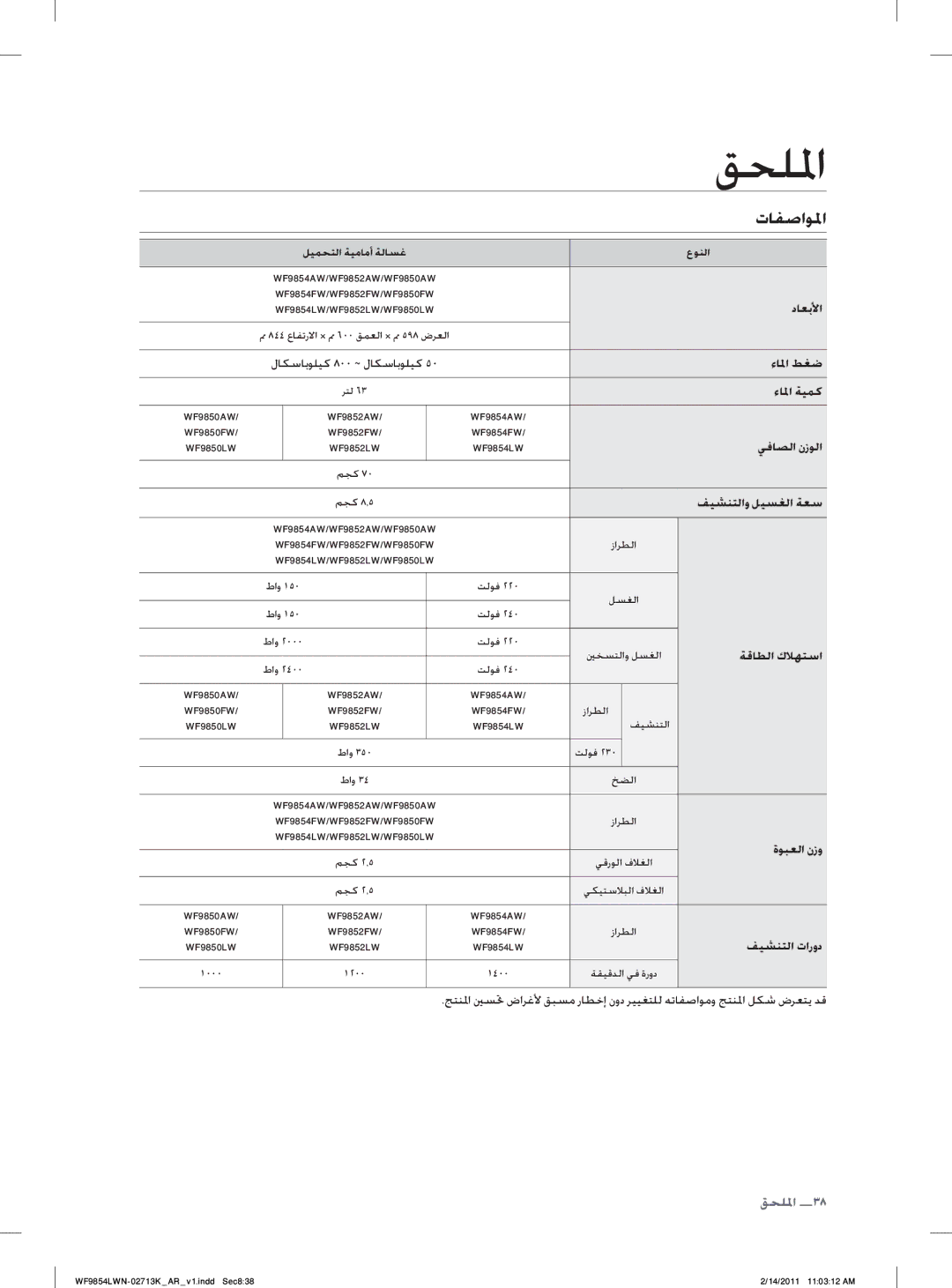 Samsung WF9854LWN/YL manual ﺕﺎﻔﺻﺍﻮﳌﺍ 