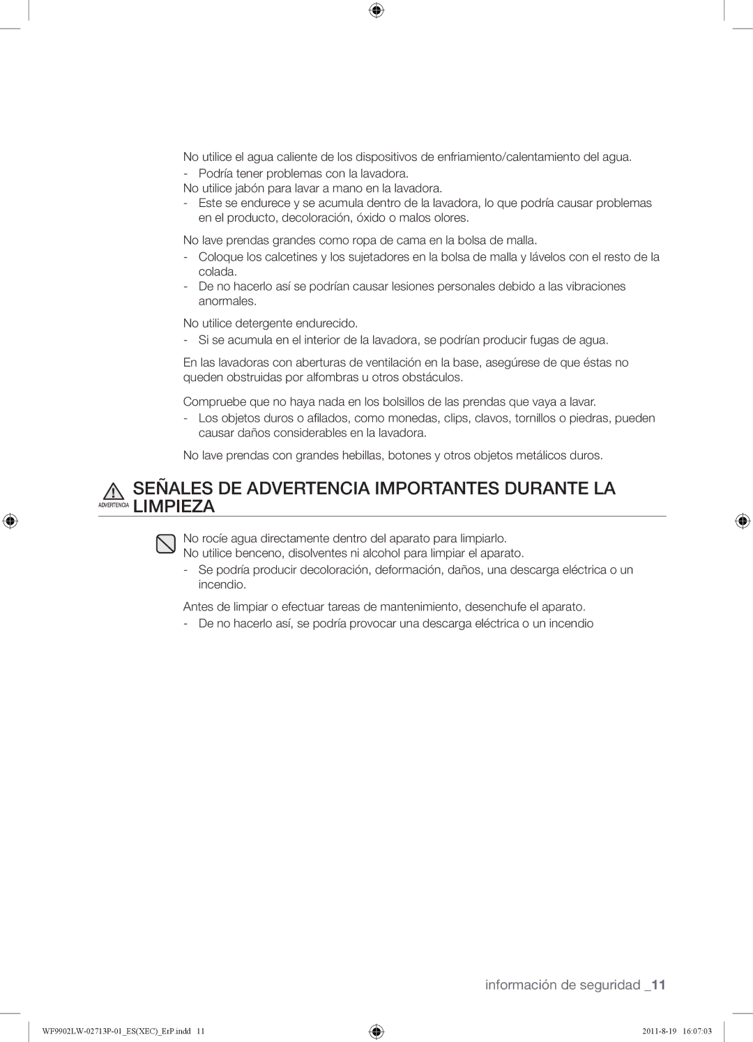 Samsung WF9902LWE1/XEC, WF9902LWE/XEC manual Señales DE Advertencia Importantes Durante LA 