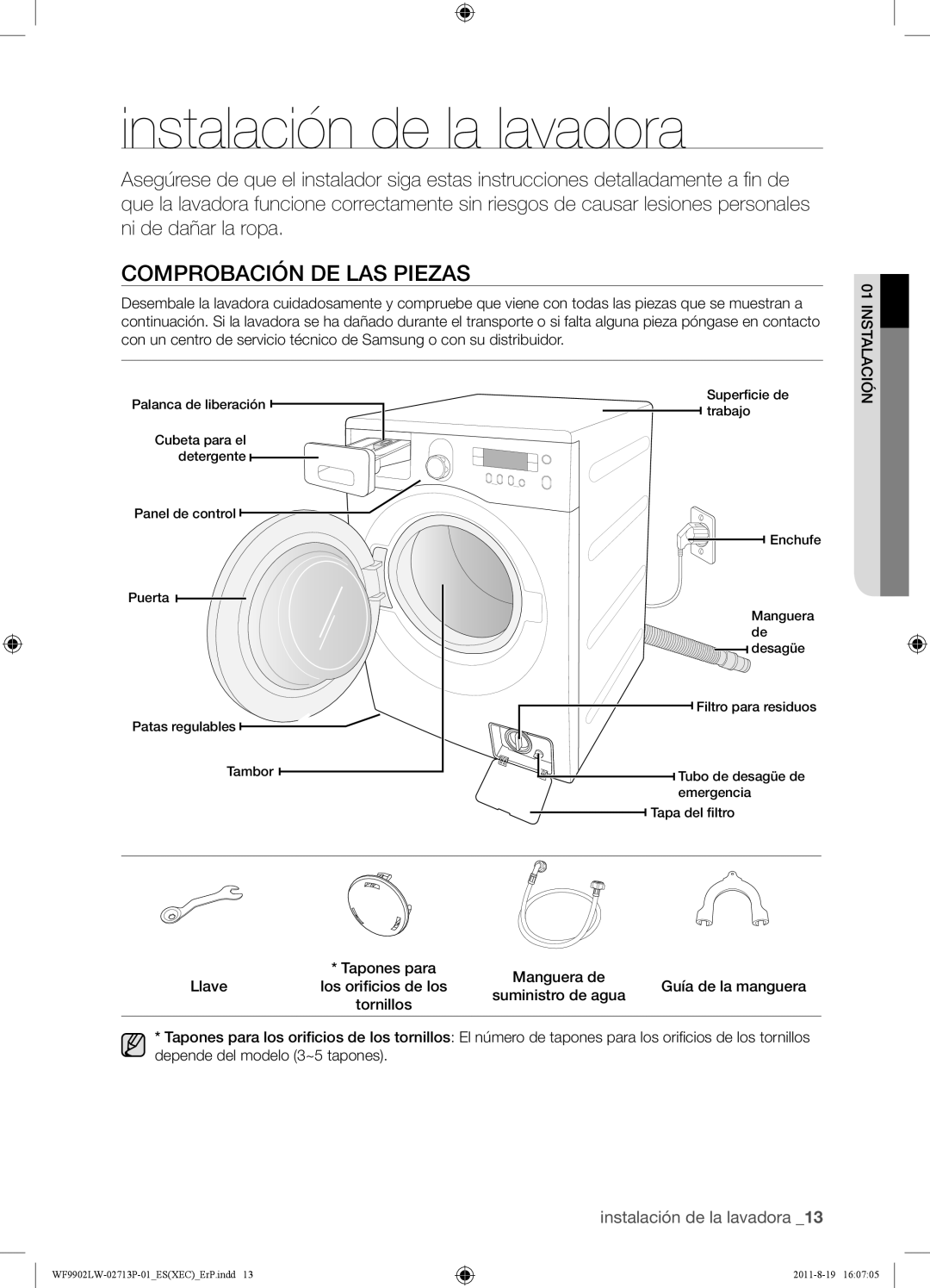 Samsung WF9902LWE1/XEC, WF9902LWE/XEC manual Instalación de la lavadora, Comprobación DE LAS Piezas 