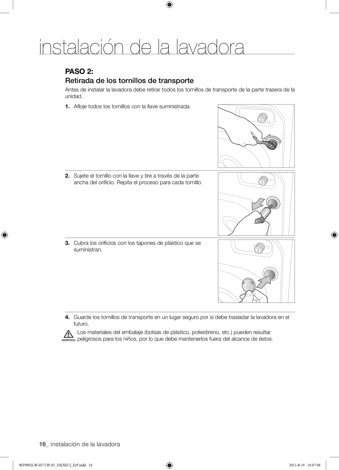 Samsung WF9902LWE/XEC, WF9902LWE1/XEC manual Retirada de los tornillos de transporte 