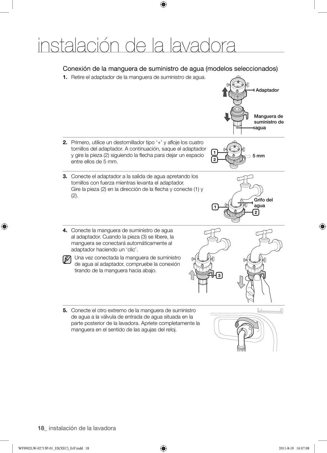 Samsung WF9902LWE/XEC, WF9902LWE1/XEC manual Retire el adaptador de la manguera de suministro de agua, Cuatro 