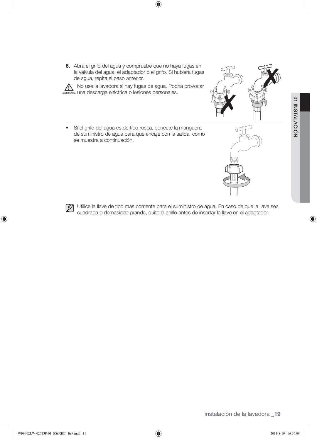 Samsung WF9902LWE1/XEC, WF9902LWE/XEC manual Instalación de la lavadora 