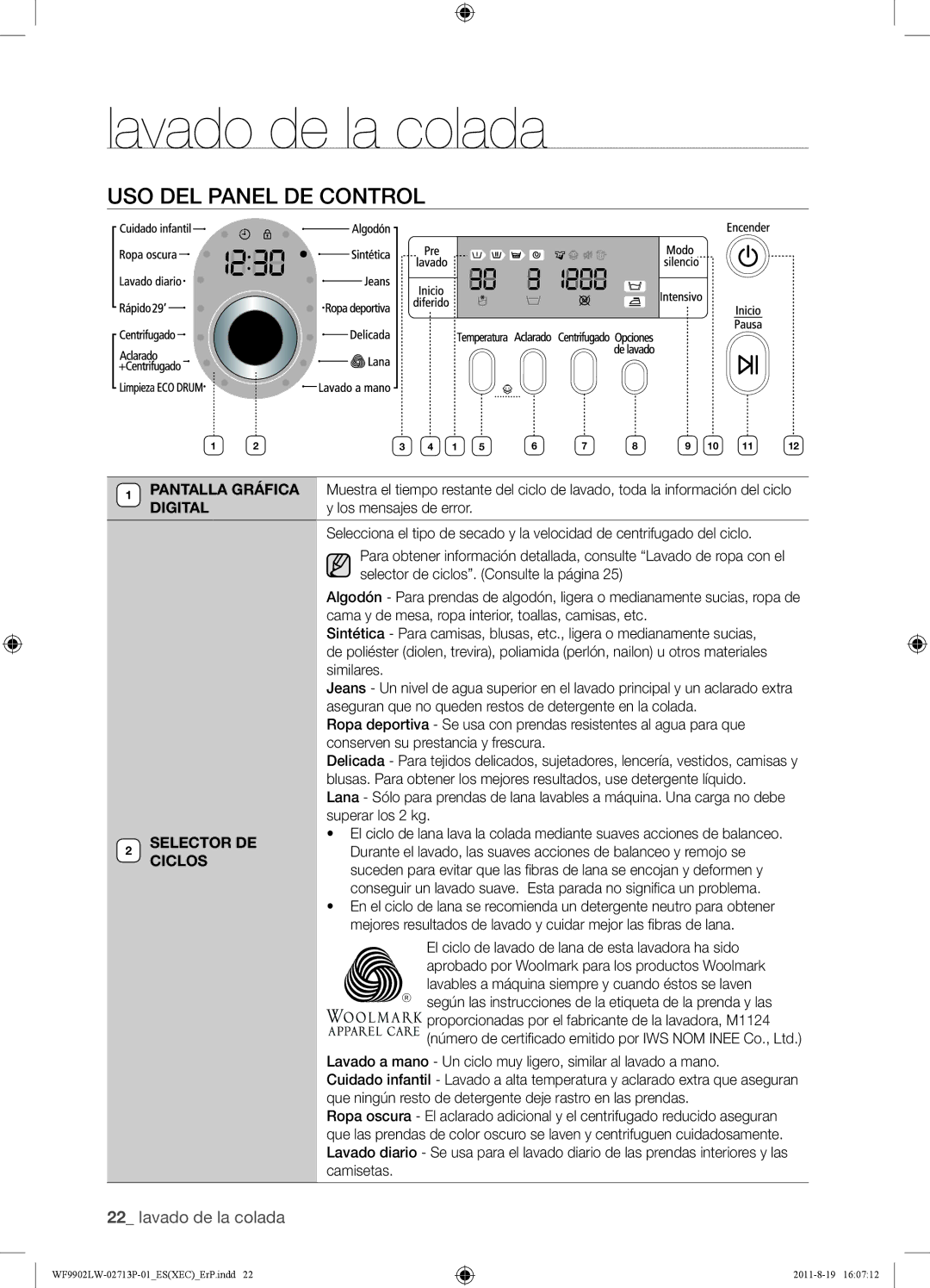 Samsung WF9902LWE/XEC, WF9902LWE1/XEC manual USO DEL Panel DE Control 