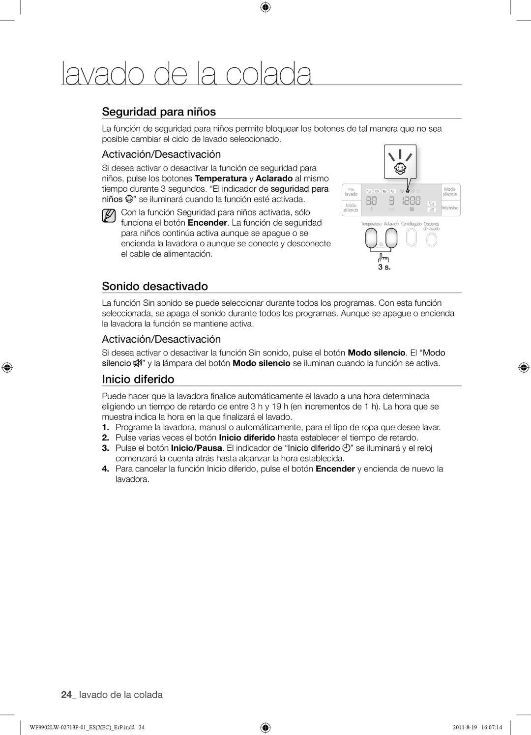 Samsung WF9902LWE/XEC, WF9902LWE1/XEC manual Sonido desactivado, Activación/Desactivación 