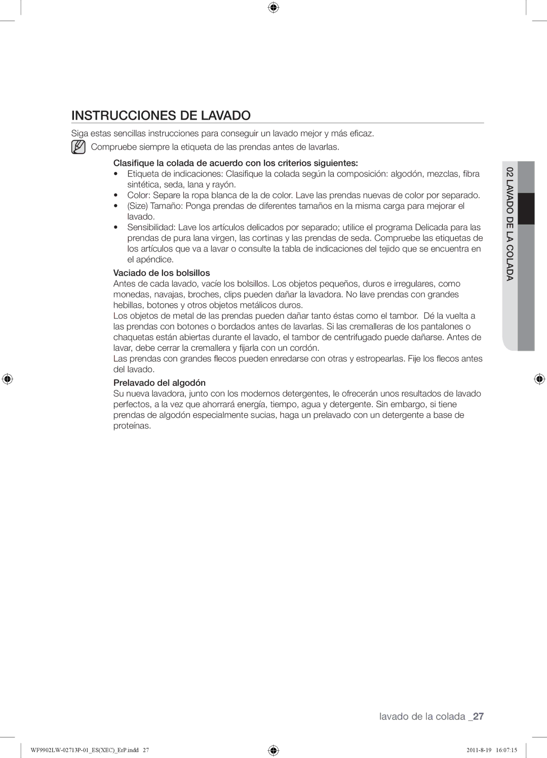 Samsung WF9902LWE1/XEC, WF9902LWE/XEC manual Instrucciones DE Lavado 