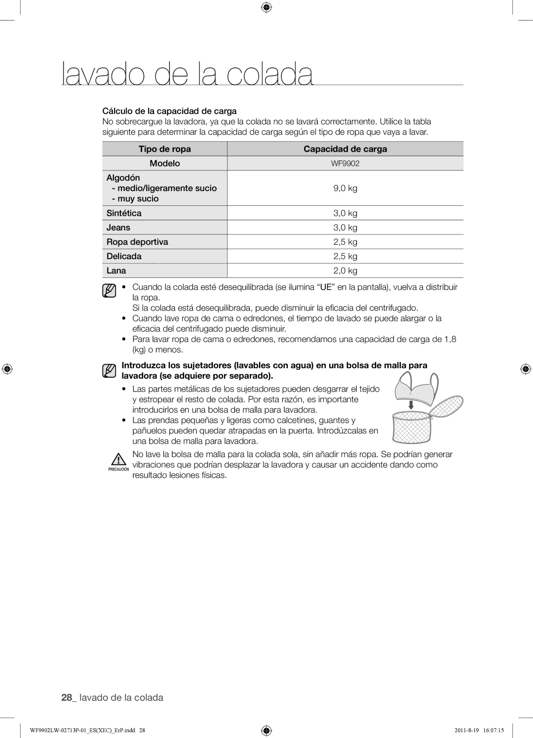 Samsung WF9902LWE/XEC, WF9902LWE1/XEC manual Cálculo de la capacidad de carga, Modelo 