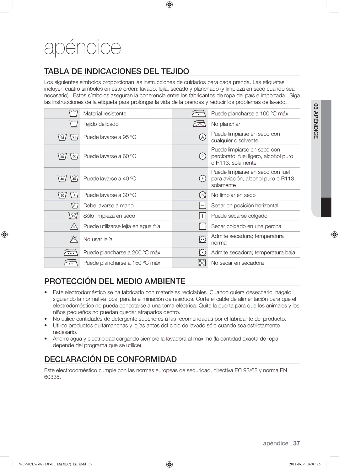 Samsung WF9902LWE1/XEC, WF9902LWE/XEC manual Apéndice, Tabla DE Indicaciones DEL Tejido, Protección DEL Medio Ambiente 