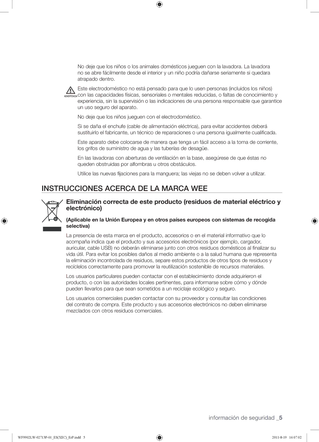 Samsung WF9902LWE1/XEC, WF9902LWE/XEC manual Instrucciones Acerca DE LA Marca WEE 