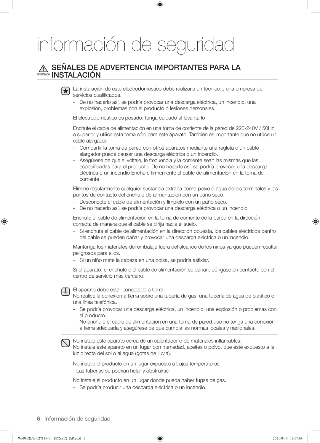 Samsung WF9902LWE/XEC, WF9902LWE1/XEC manual Señales DE Advertencia Importantes Para LA 