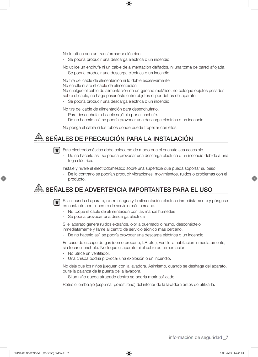 Samsung WF9902LWE1/XEC, WF9902LWE/XEC manual Precaución Señales DE Precaución Para LA Instalación 