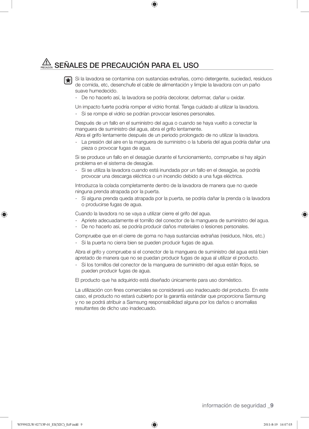 Samsung WF9902LWE1/XEC, WF9902LWE/XEC manual Precaución Señales DE Precaución Para EL USO 