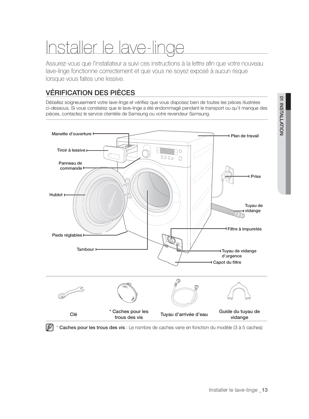 Samsung WF9802LWV/XEF manual Installer le lave-linge, Vérification DES Pièces, Clé Caches pour les Tuyau d’arrivée d’eau 