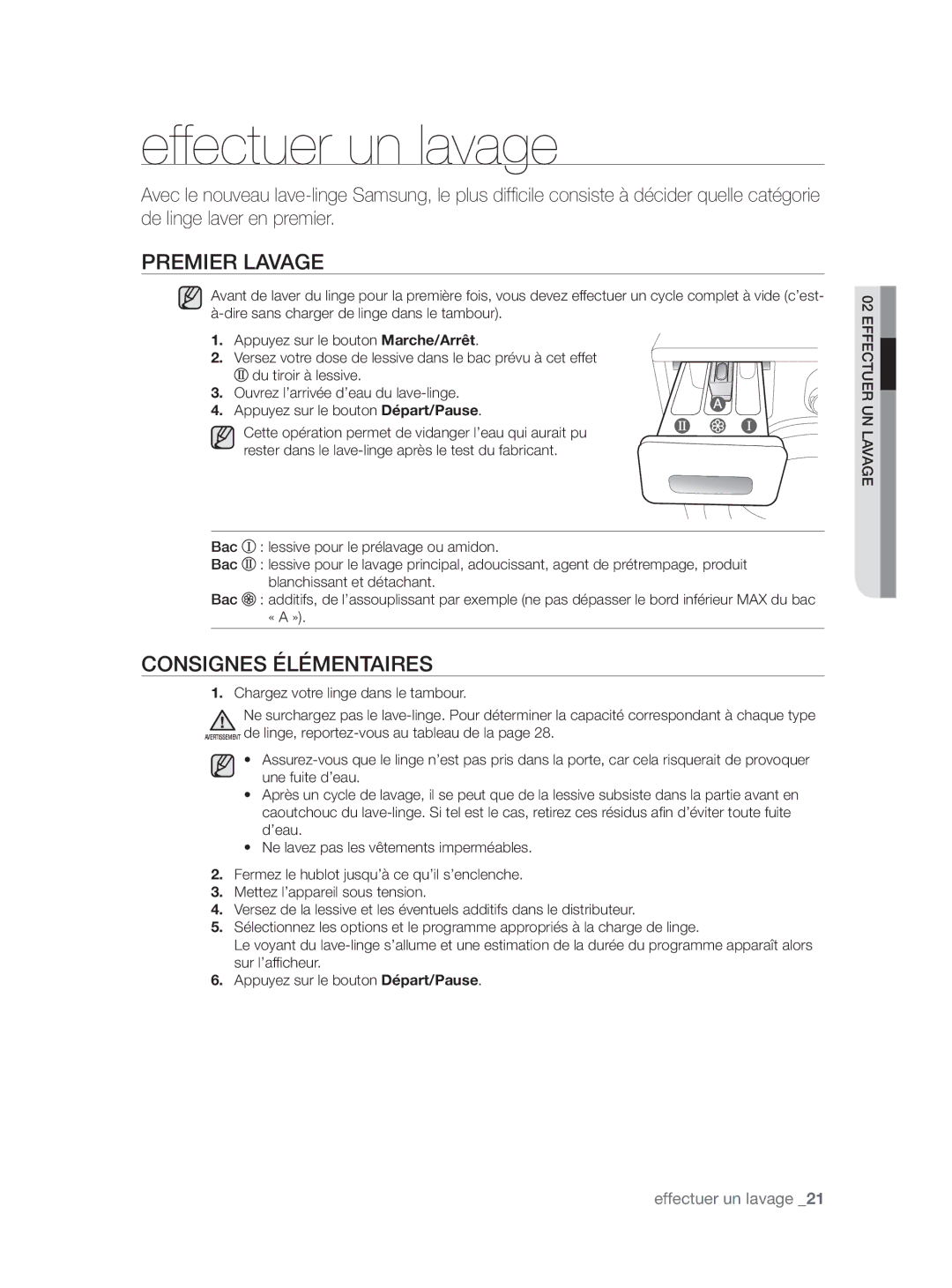 Samsung WF9804LWV/XEF, WF9904AWE/XEF, WF9902AWE/XEF manual Effectuer un lavage, Premier Lavage, Consignes Élémentaires 