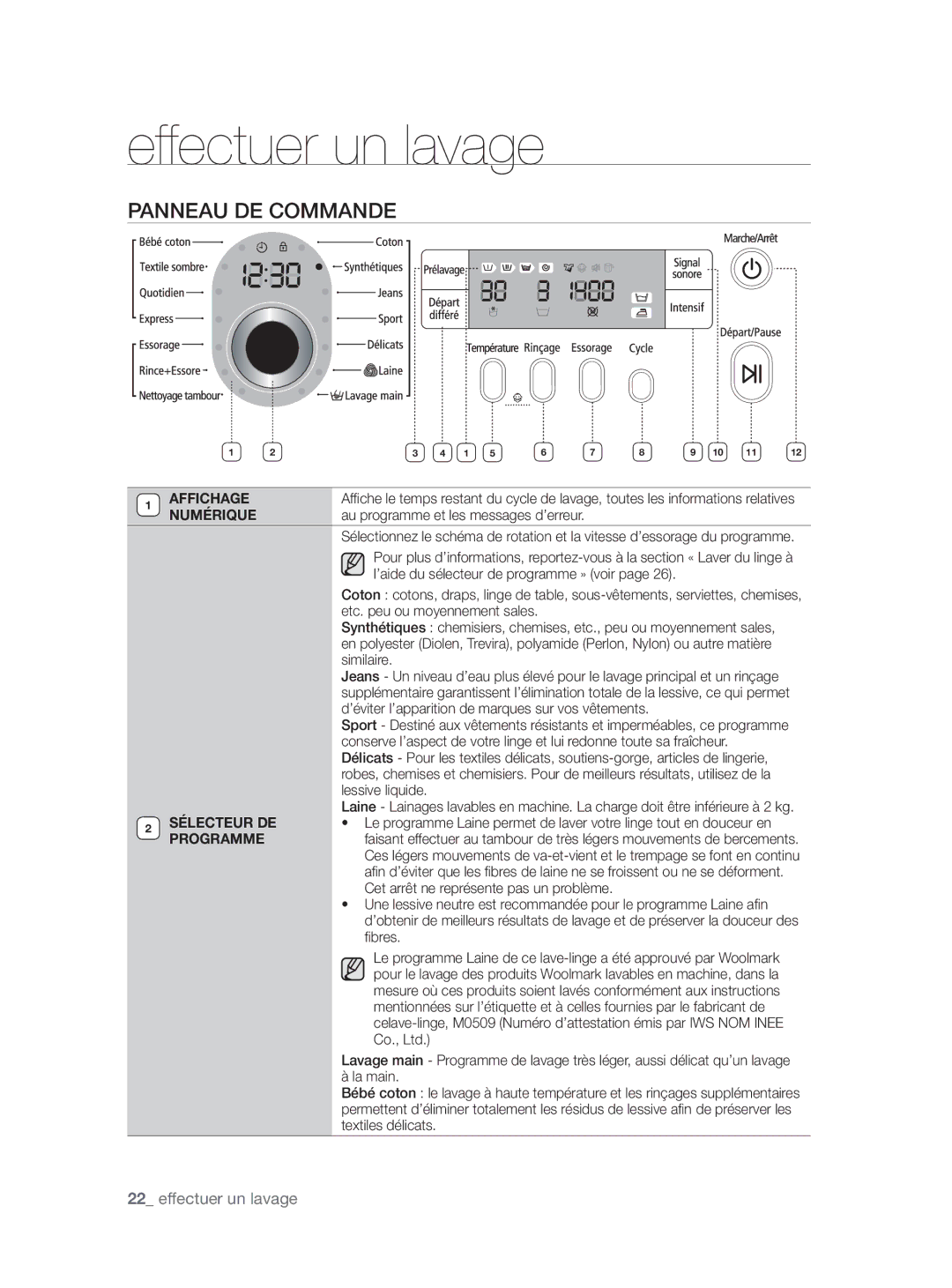 Samsung WF9902AWE/XEF, WF9904AWE/XEF, WF9804LWV/XEF manual Panneau DE Commande, Affichage, Numérique, Sélecteur DE, Programme 