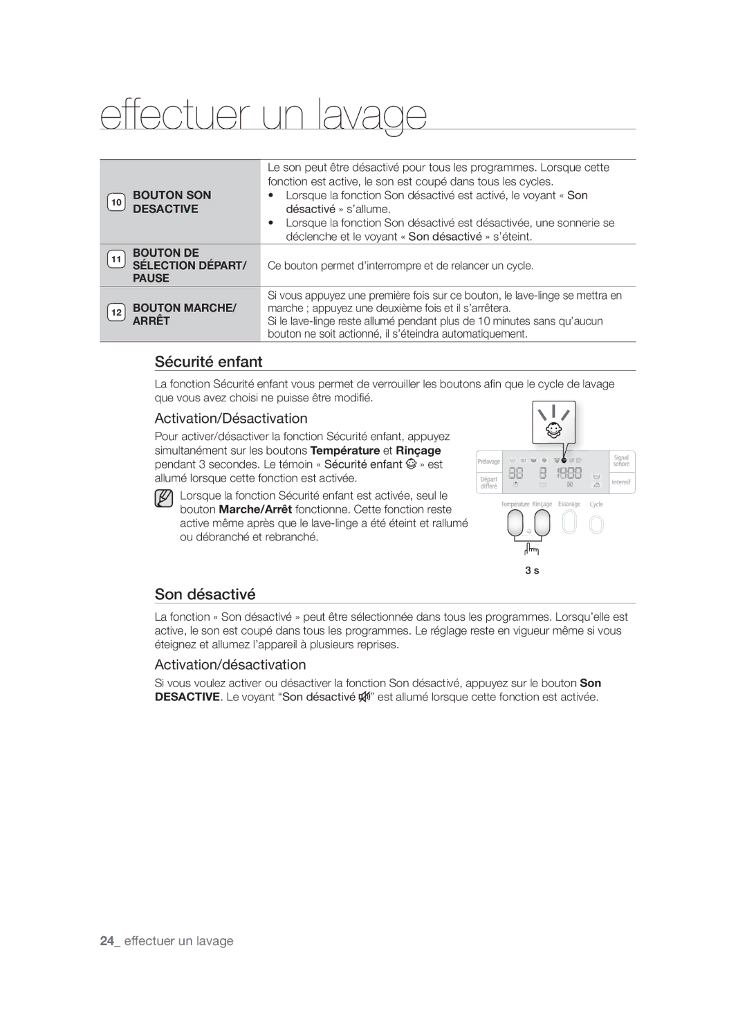 Samsung WF9904AWE1/XEF, WF9904AWE/XEF, WF9804LWV/XEF, WF9902AWE/XEF manual Son désactivé, Bouton SON, Desactive, Pause, Arrêt 