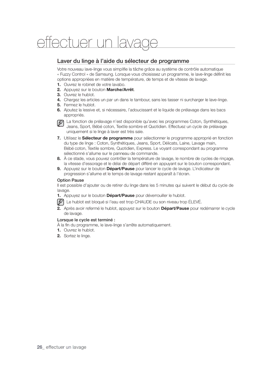 Samsung WF9804LWV/XEF, WF9904AWE/XEF, WF9902AWE/XEF, WF9802LWV/XEF manual Laver du linge à l’aide du sélecteur de programme 