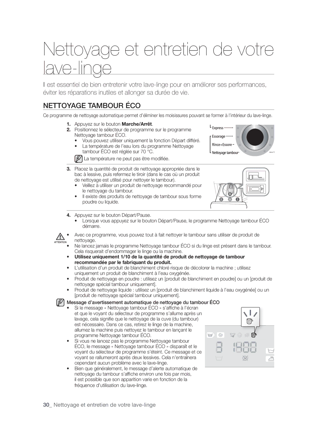 Samsung WF9904AWE/XEF, WF9804LWV/XEF, WF9902AWE/XEF manual Nettoyage et entretien de votre lave-linge, Nettoyage Tambour ÉCO 