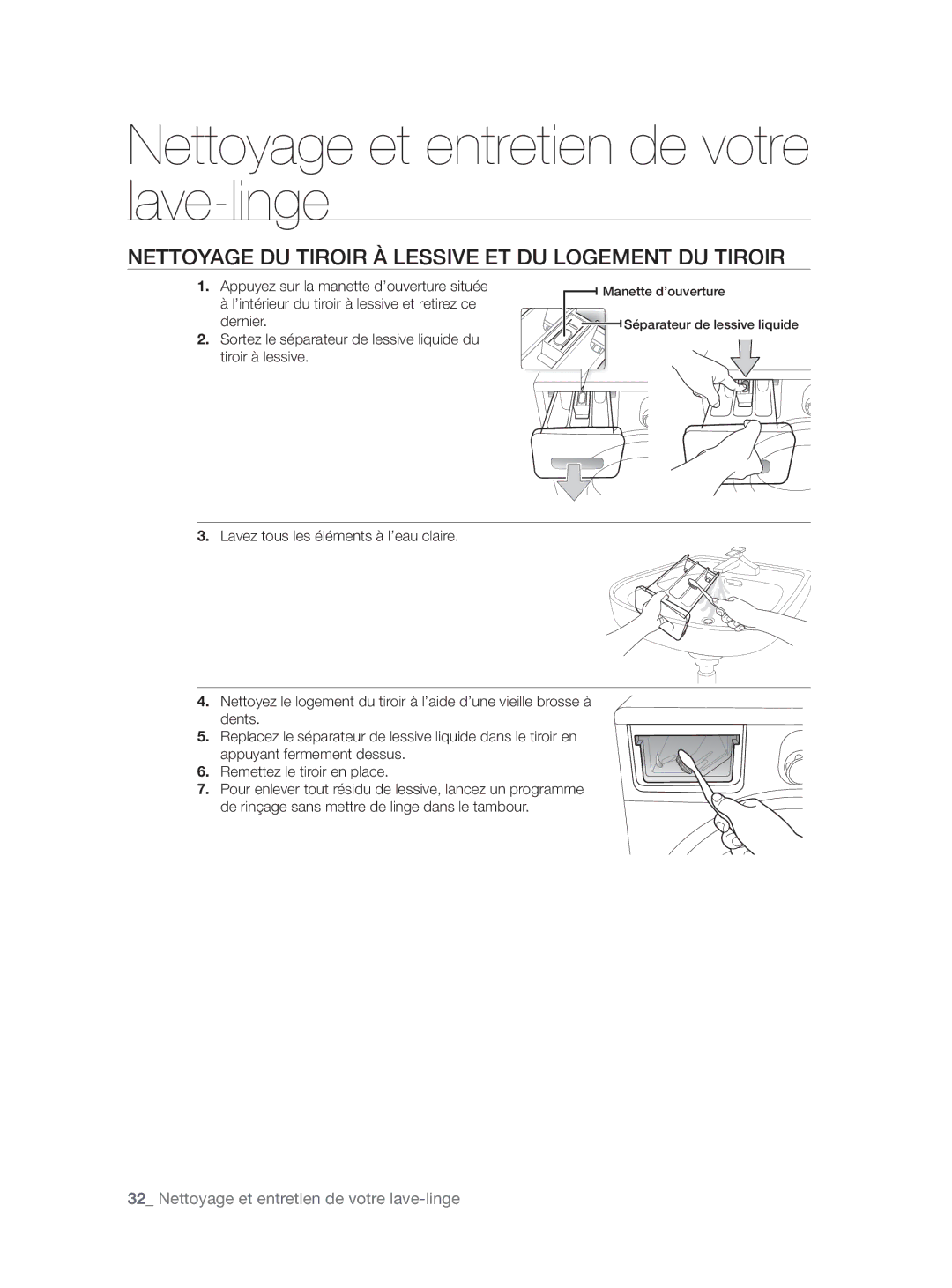 Samsung WF9902AWE/XEF, WF9904AWE/XEF, WF9804LWV/XEF, WF9802LWV/XEF Nettoyage DU Tiroir À Lessive ET DU Logement DU Tiroir 