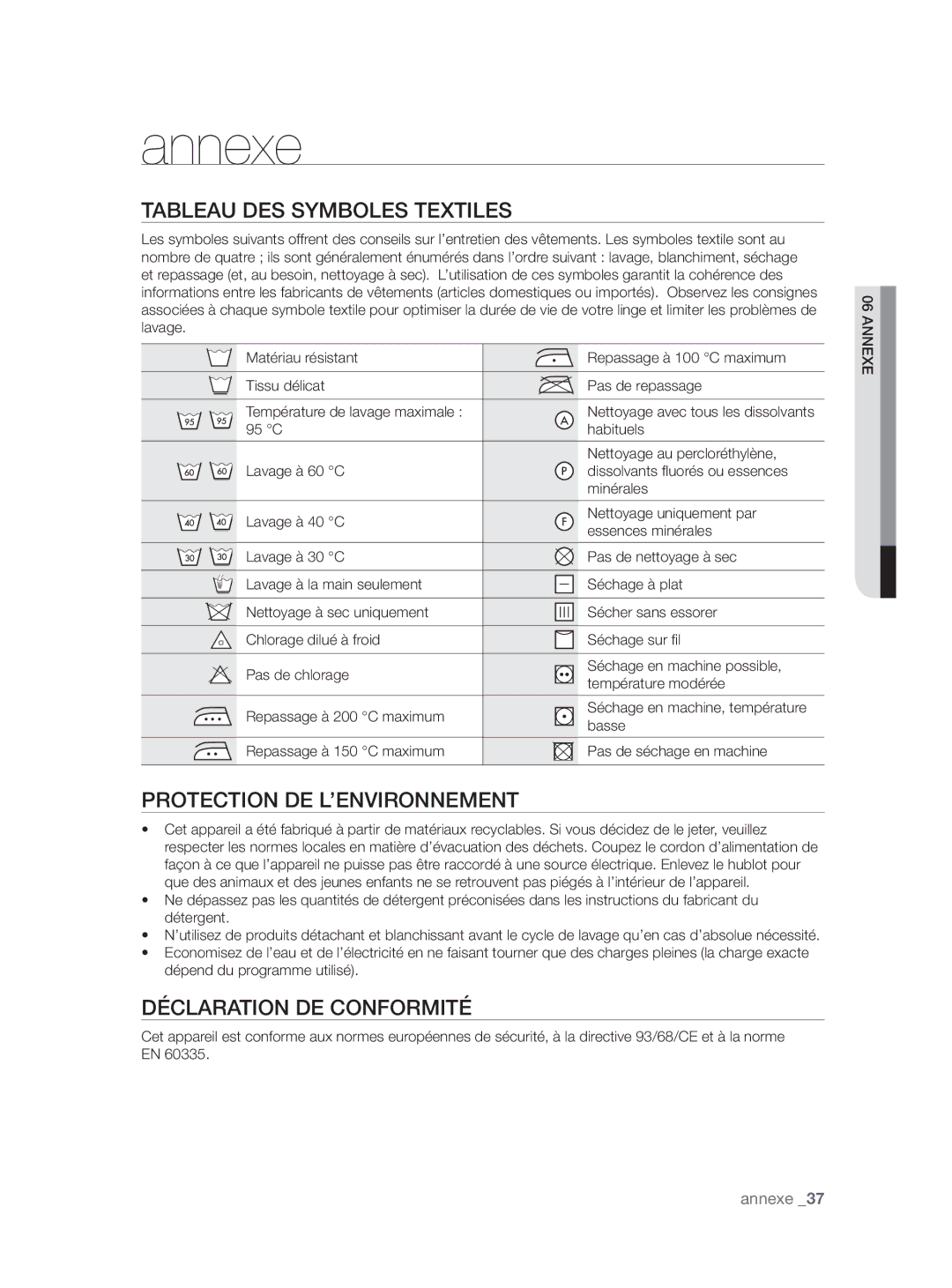 Samsung WF9902AWE/XEF Annexe, Tableau DES Symboles Textiles, Protection DE L’ENVIRONNEMENT, Déclaration DE Conformité 