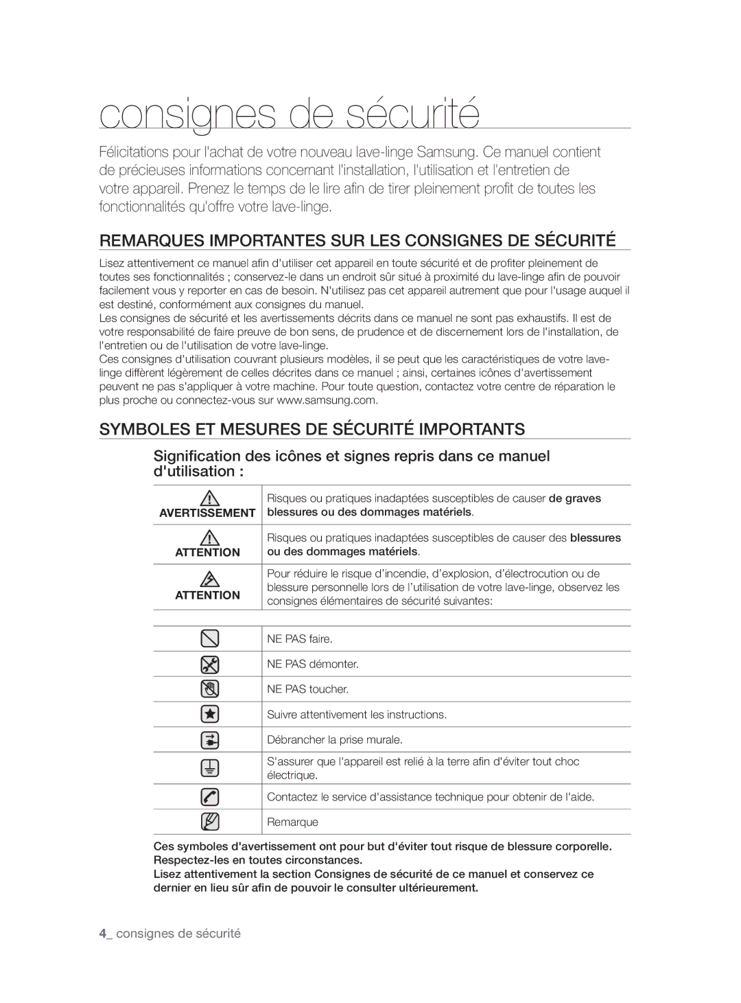 Samsung WF9904AWE1/XEF, WF9904AWE/XEF manual Consignes de sécurité, Remarques Importantes SUR LES Consignes DE Sécurité 