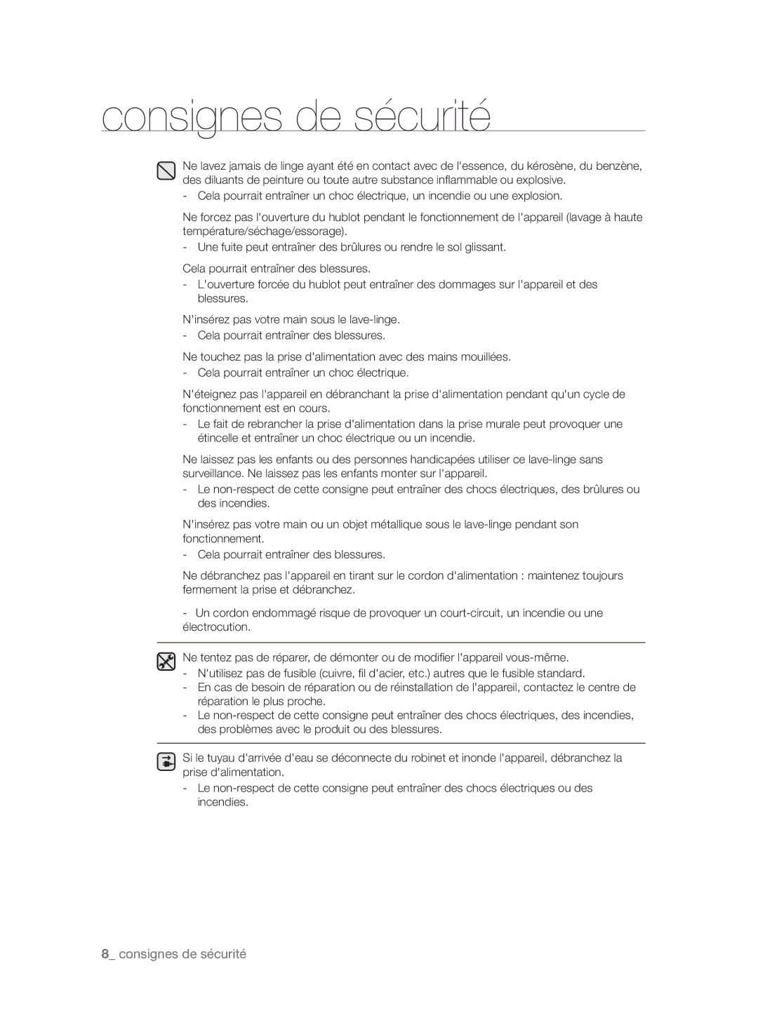 Samsung WF9802LWV/XEF, WF9904AWE/XEF, WF9804LWV/XEF, WF9902AWE/XEF, WF9904AWE1/XEF manual Consignes de sécurité 