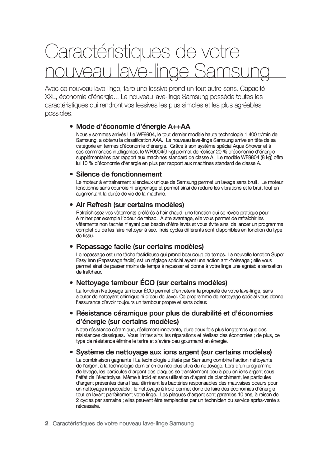 Samsung WF9902AWE/XEF manual Mode d’économie d’énergie A++AA, Silence de fonctionnement, Air Refresh sur certains modèles 