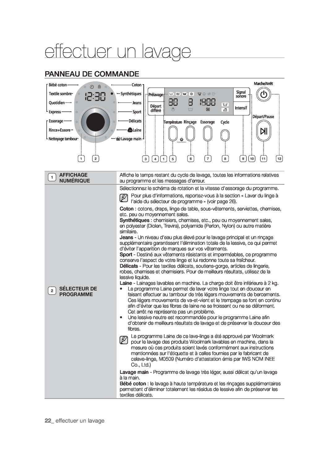 Samsung WF9902AWE/XEF manual Panneau De Commande, effectuer un lavage, Affichage, Numérique, Sélecteur De, Programme 