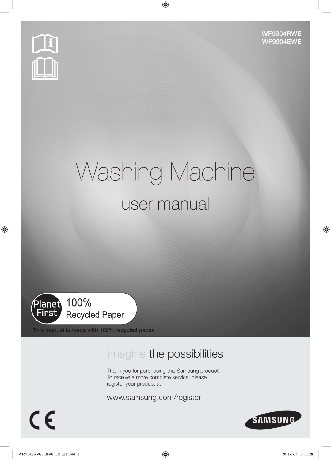 Samsung WF9904EWE/XEE manual Washing Machine, This manual is made with 100% recycled paper 