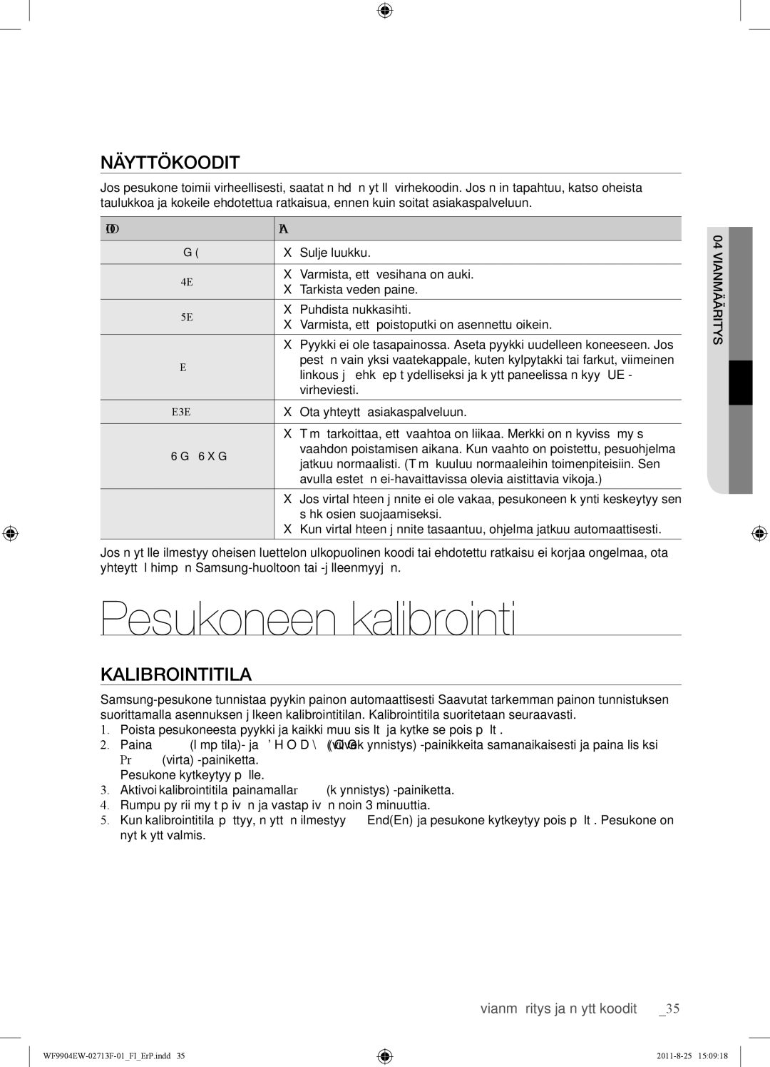 Samsung WF9904EWE/XEE manual Pesukoneen kalibrointi, Näyttökoodit, Kalibrointitila, Koodisymboli Ratkaisu 