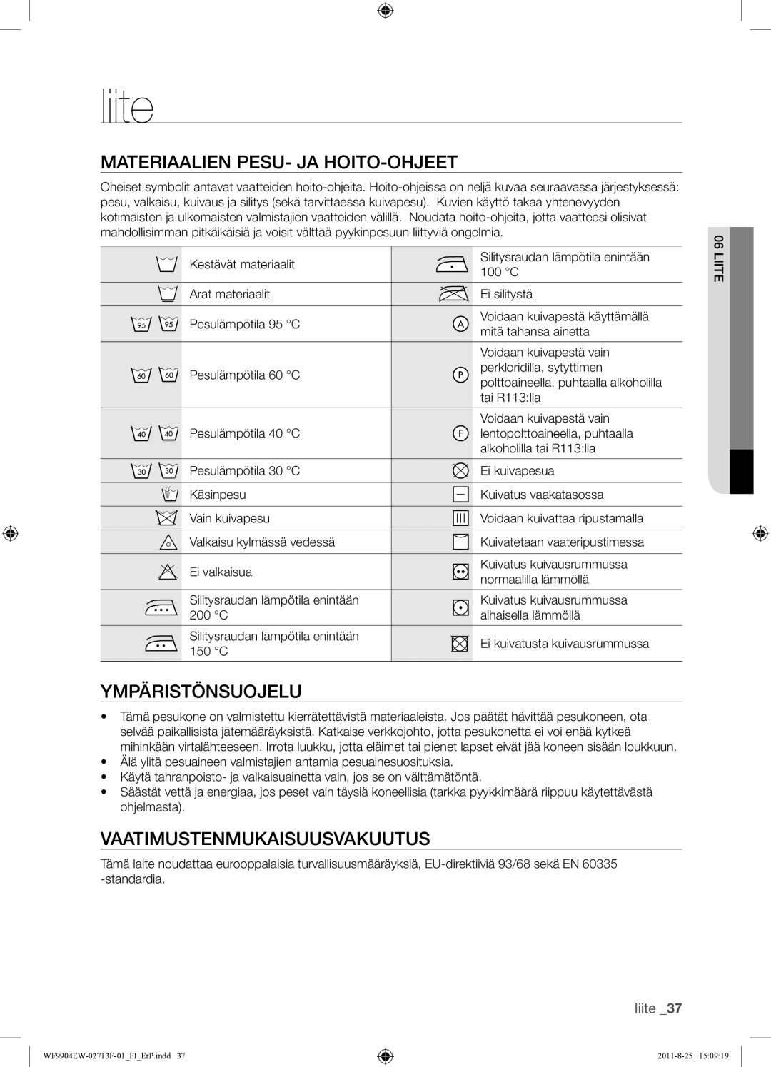 Samsung WF9904EWE/XEE manual Liite, Materiaalien PESU- JA HOITO-OHJEET, Ympäristönsuojelu, Vaatimustenmukaisuusvakuutus 