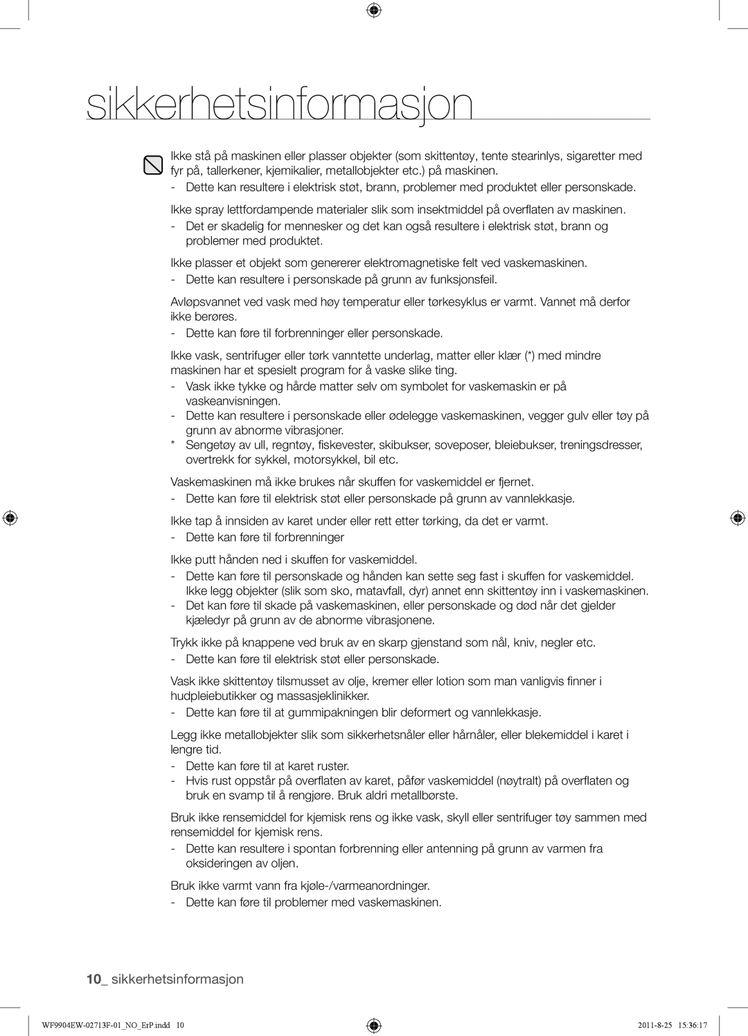 Samsung WF9904EWE/XEE manual Sikkerhetsinformasjon 